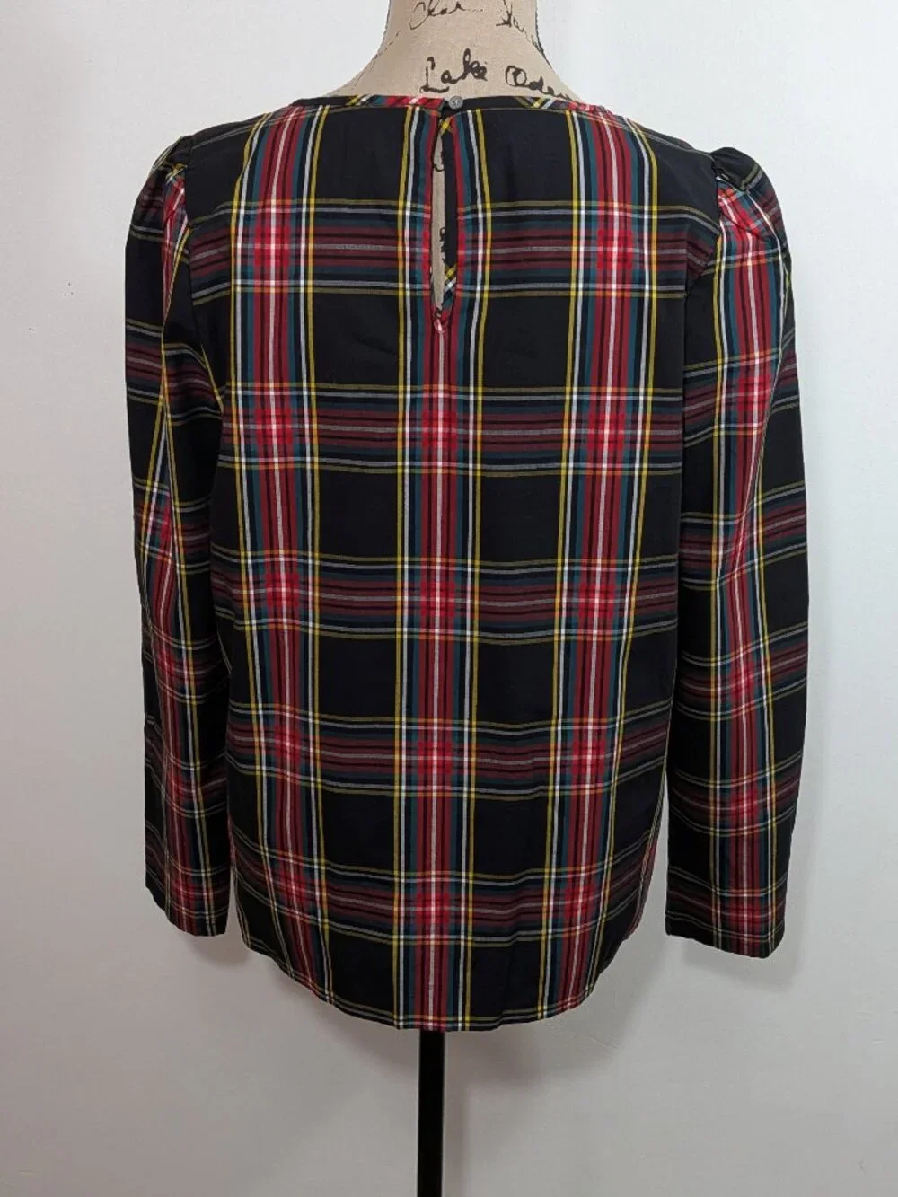 J. Crew Black Plaid Tartan Puff Sleeve Top Long Sleeve Blouse Size Small S